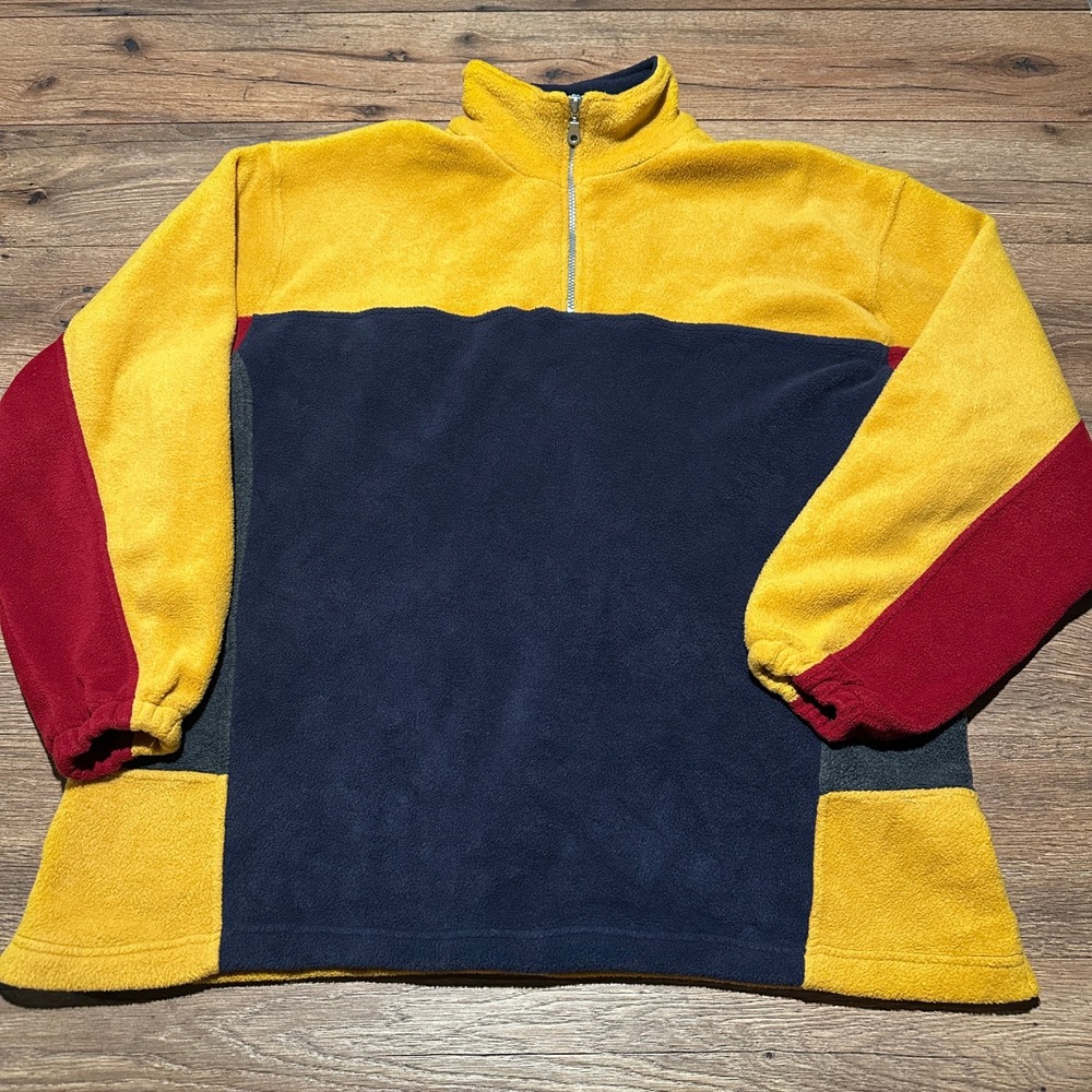 Vintage‎ Burnside Yellow Navy Red Colorblock Fleece Quarter Zip Mens XL